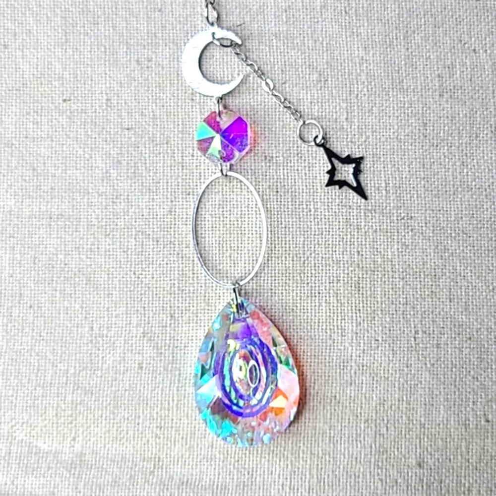 Suncatcher Silver Tone Chain Rainbow Crystal Home Office Indoor Outdoor Decor - Picture 1 of 4